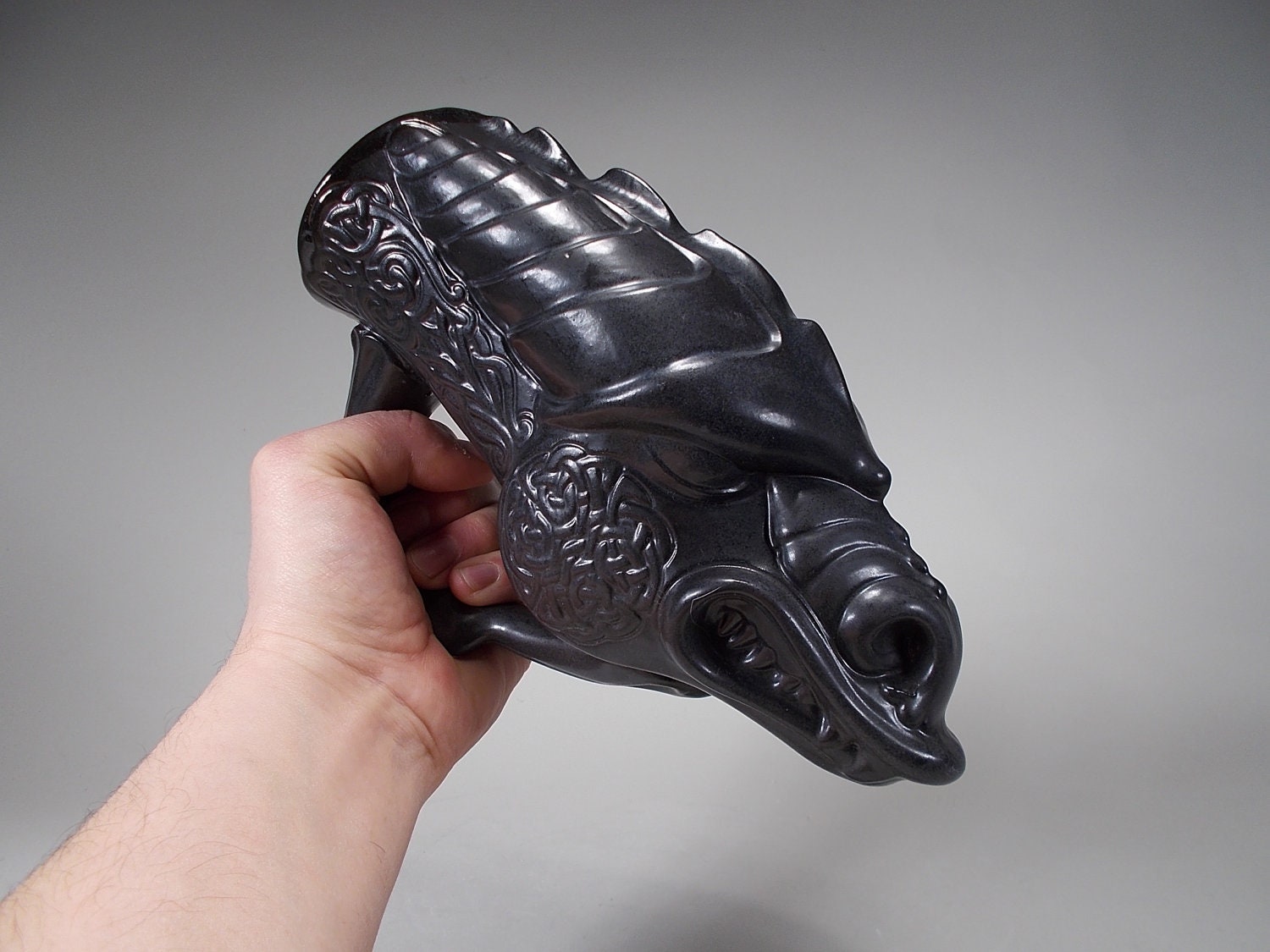 Celtic Dragon Head Beer Mug -- Rhyton / Drinking Horn Style -- Satin Black Glaze (16oz) functional Home Decor - in Stock and ready to ship
