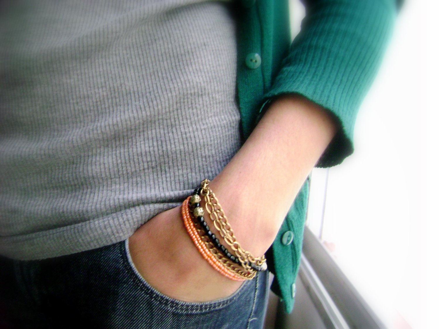 Standing out - Black orange peachy antique golden bronze stackable bracelet