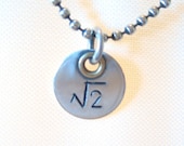Square Root of 2 Unique Jewel Hand Stamped Custom Art on Sterling Silver Charm Pendant with Handmade Mixed Metal Inner CircleRivet