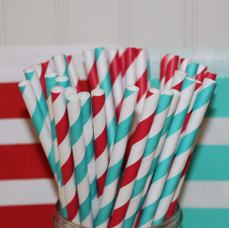 Dr. Seuss Party Paper Straws, ( 30 ct. ) Red Striped  and Blue Striped Paper Drinking Straws with DIY Flags