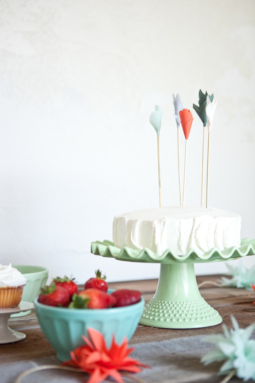 MInt & Coral - Fabric Flower Cake Toppers - 6
