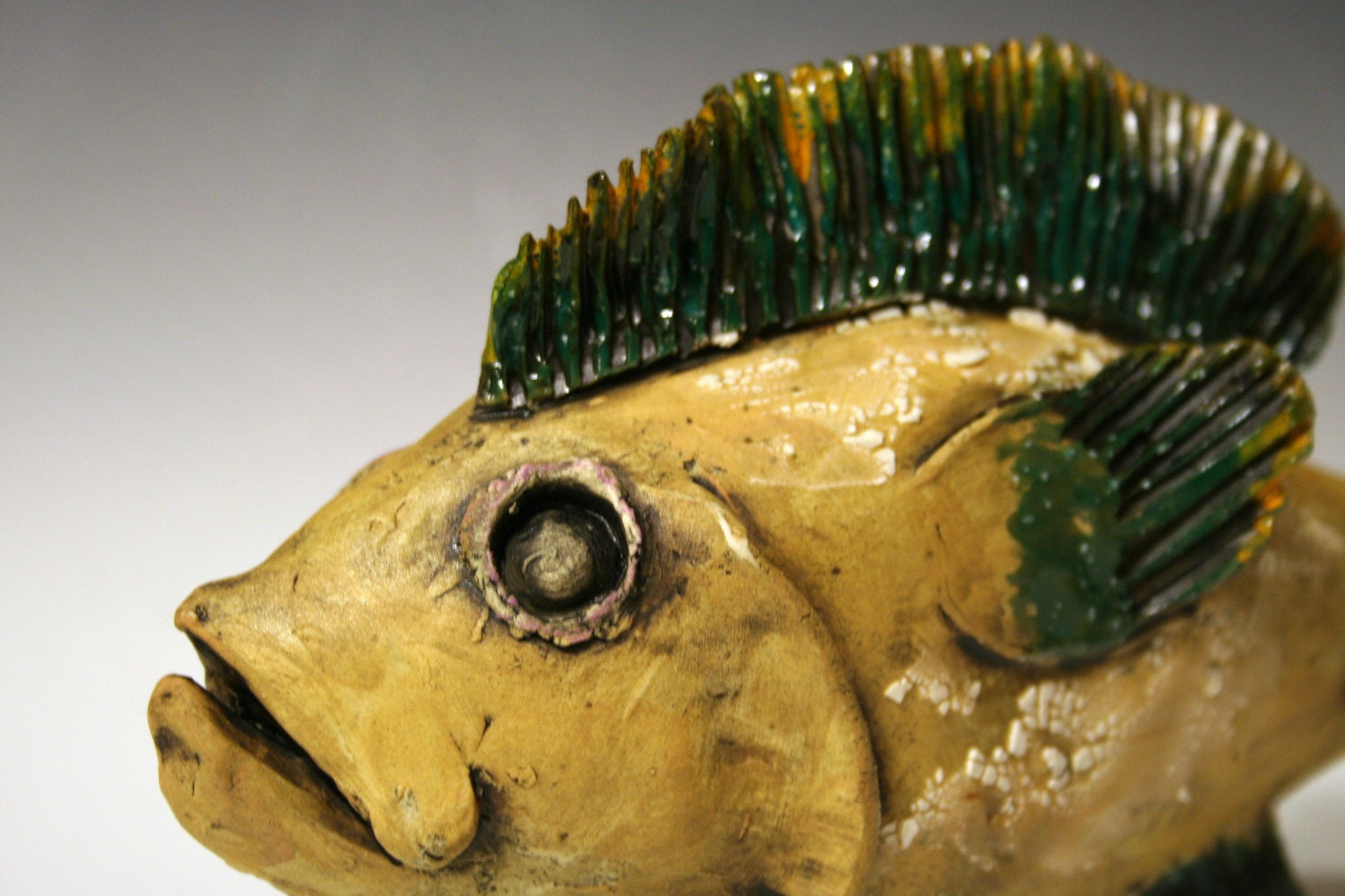 Hand Made yellow and blue Ceramic Fish decorative sea life art sculpture