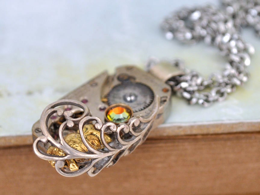 TIMELESS LOVE steampunk baby owl necklace with vintage 16 jewels watch movement and Swarovski rhinestone