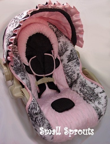 Custom Boutique Black Toile Pink Infant Car Seat Cover 5 piece set
