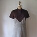 vintage 1960s to 1970s dress / brown tan fleck ascot necktie contrast bodice aline mod mad men