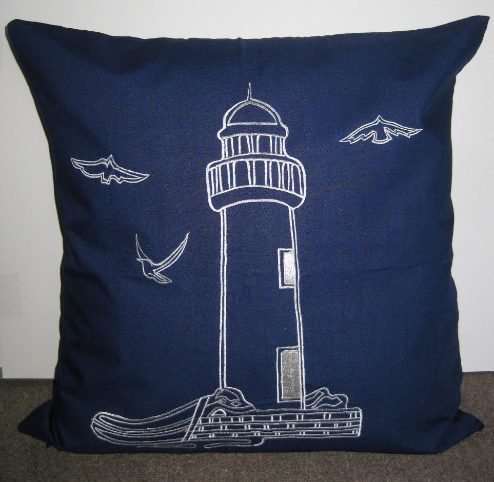 Embroidered Decorative Pillow Cover - Lighthouse - 18" x 18" Navy Blue Pillow with off-white Embroidery (READY TO SHIP)