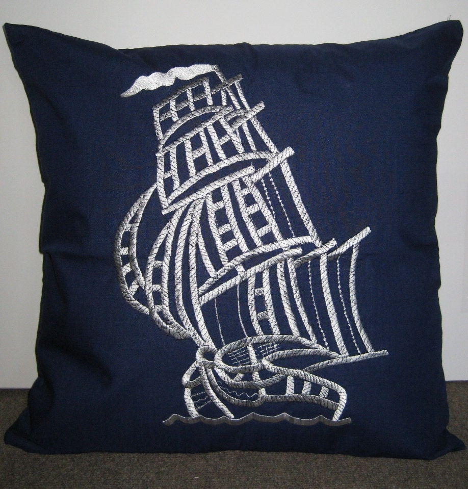 Embroidered Decorative Pillow Cover - Sailboat - 18" x 18" Navy Blue Pillow with off-white Embroidery (READY TO SHIP)