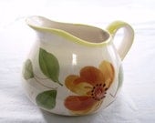 Citrus Floral Pitcher, Hand Painted  Portugal Ceramic in Sunny Orange Green Yellow