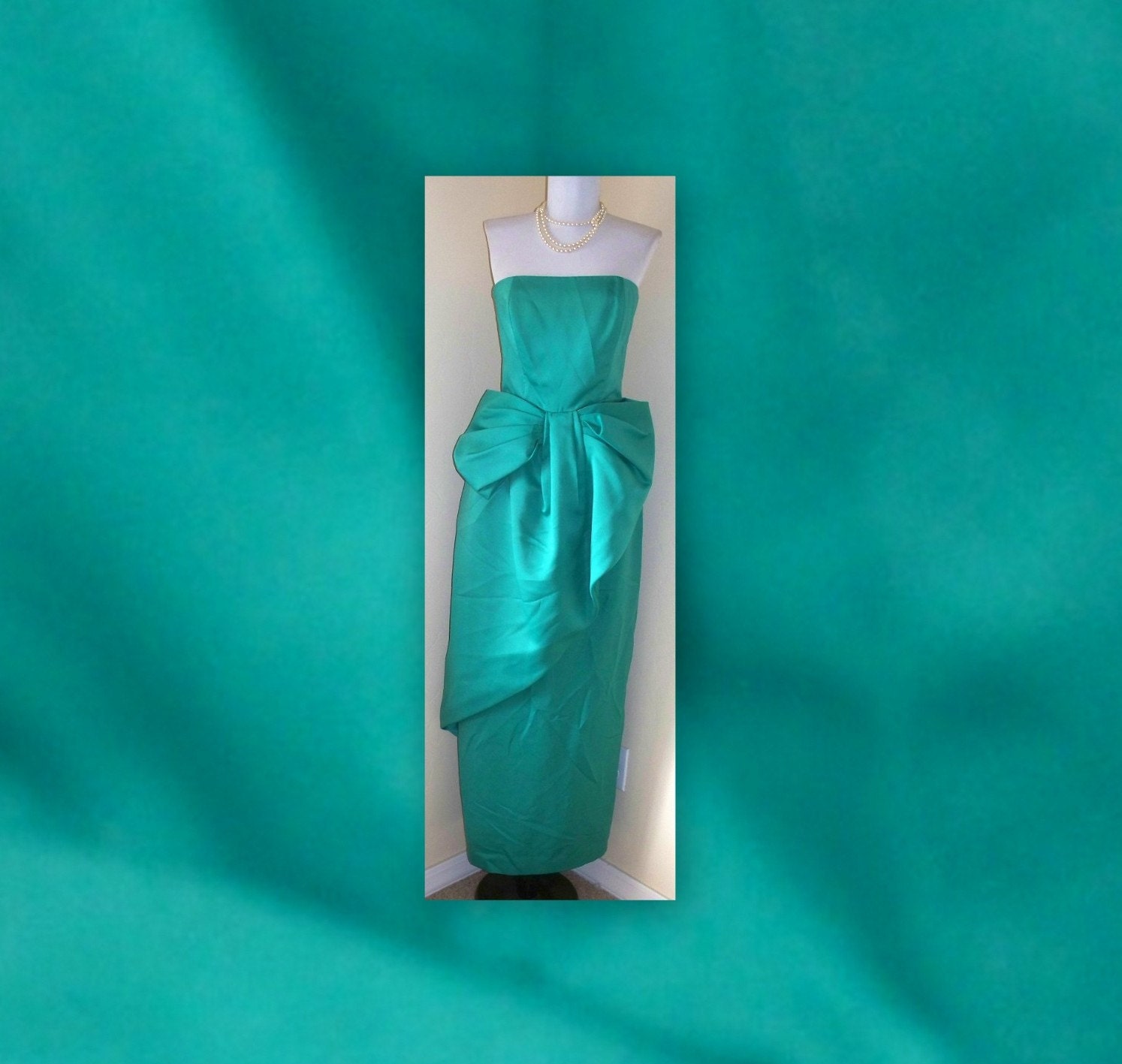 Breakfast at Tiffanys - Victor Costa - circa 1980 - green strapless gown