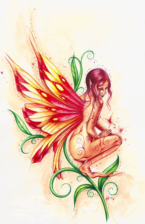 Fire Faerie - 9x6 inch Print - Orange Butterflies - Peaceful Faerie - Signed
