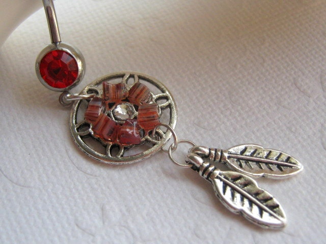 Coral Stained Glass Dream Catcher Belly Button Ring, Dream Catcher Barbell, Belly Button Jewelry
