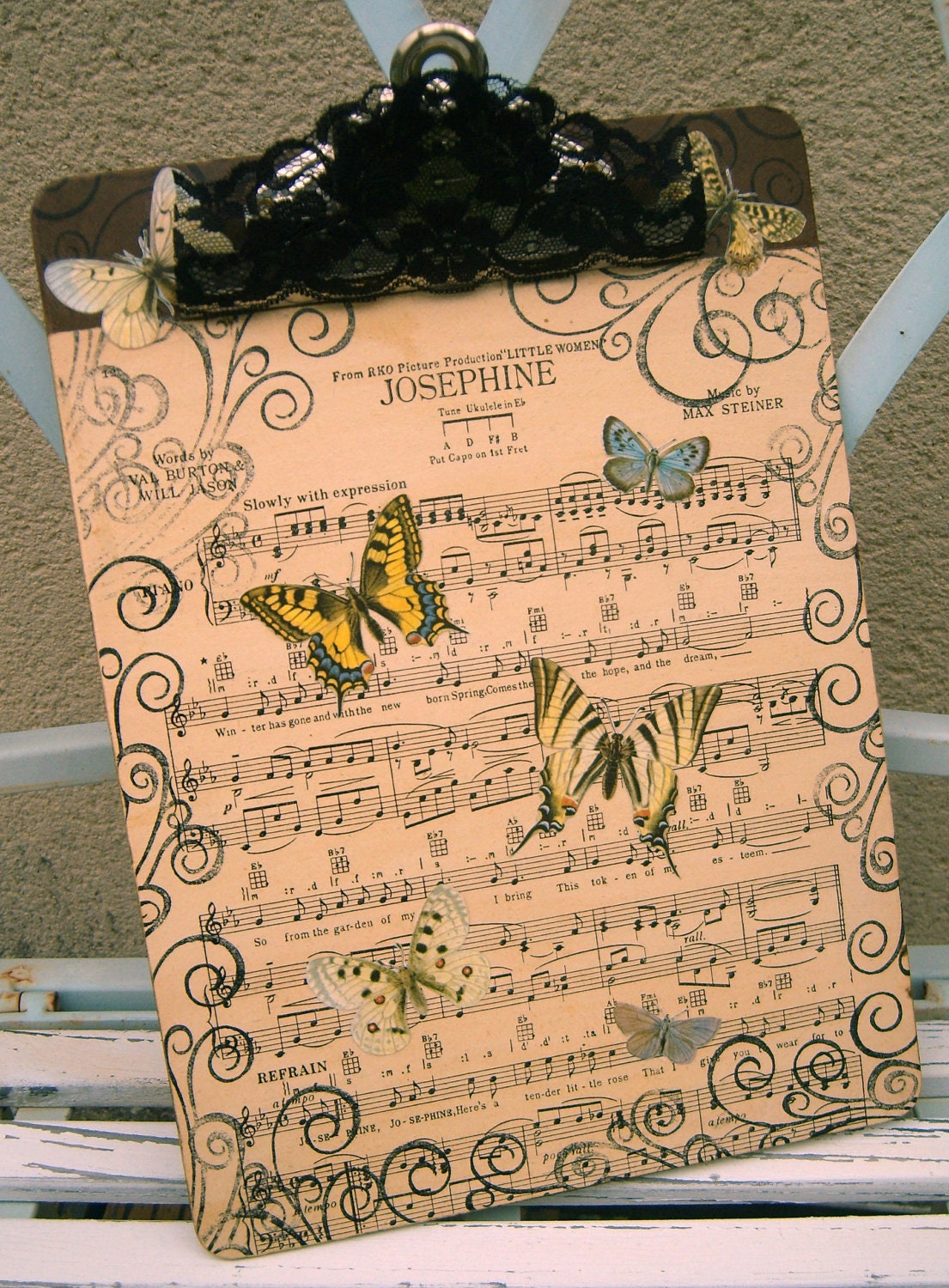 Collage Clipboard,Butterflies, Vintage Sheet Music, Josephine