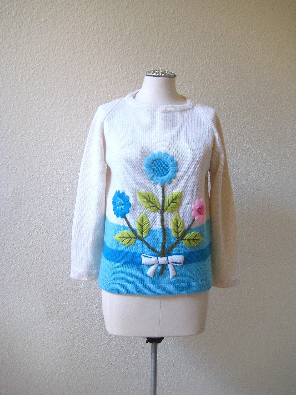 vintage 1960's lovely hand embellished, knitted flower wool sweater