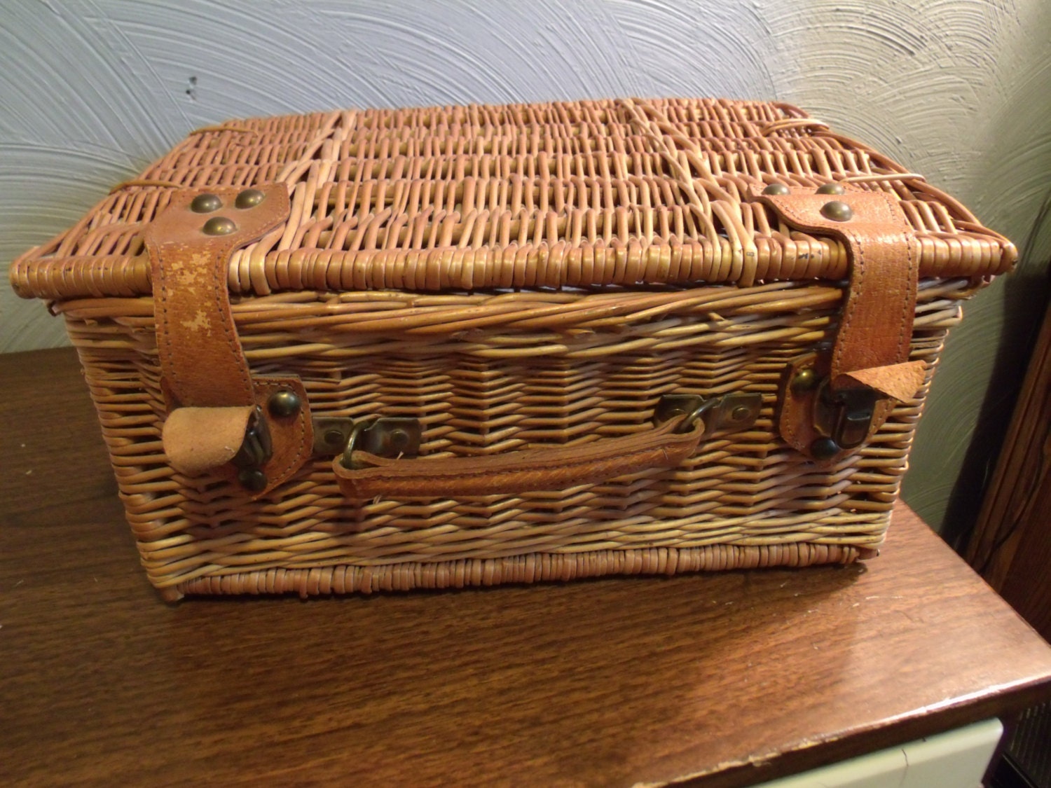 Old Wicker Picnic Basket, Suitcase Style, Leather Strap, Brass Hardware, 30s 40s