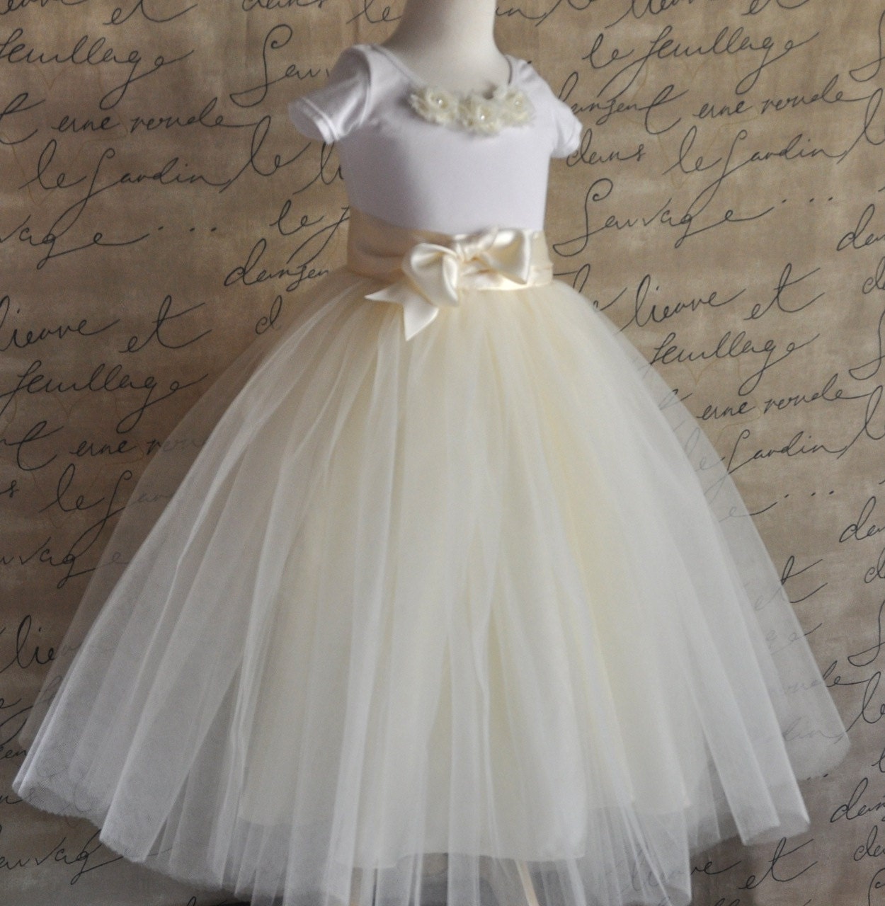 Flower Girl full length tutu skirt with satin lining and ribbon sash waist. Sewn, no tied knots.
