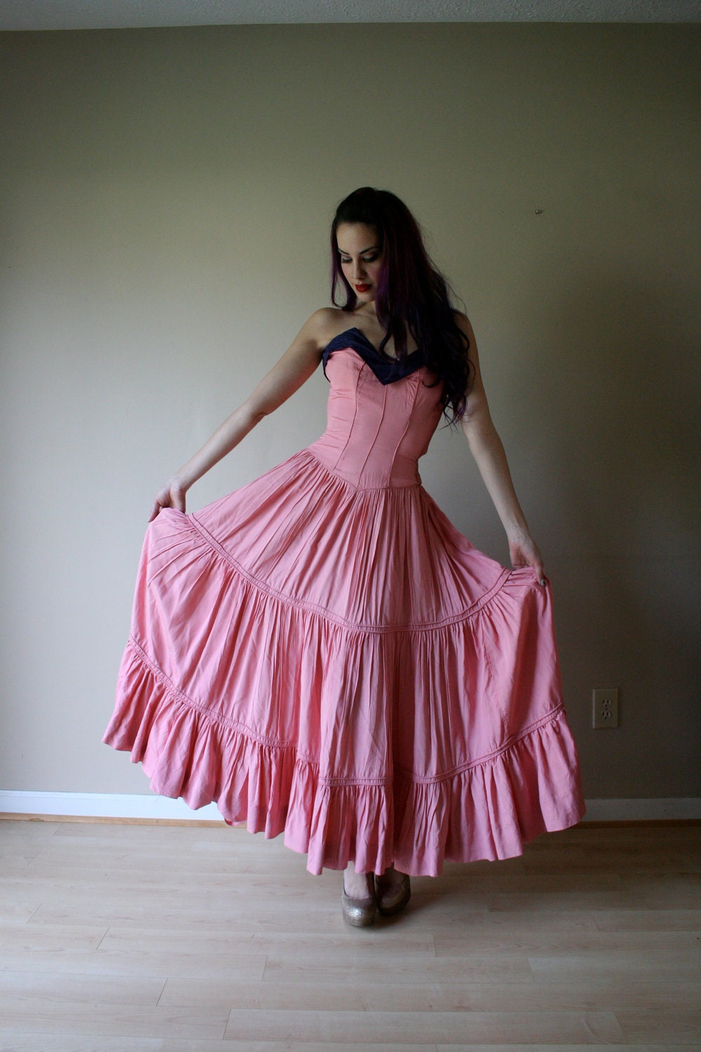 40s Party Dress /  Sweetheart Neckline / PInk Navy /  Prom Dress / Flower Applique/ Size Extra Small dress / xs / 000-00--0