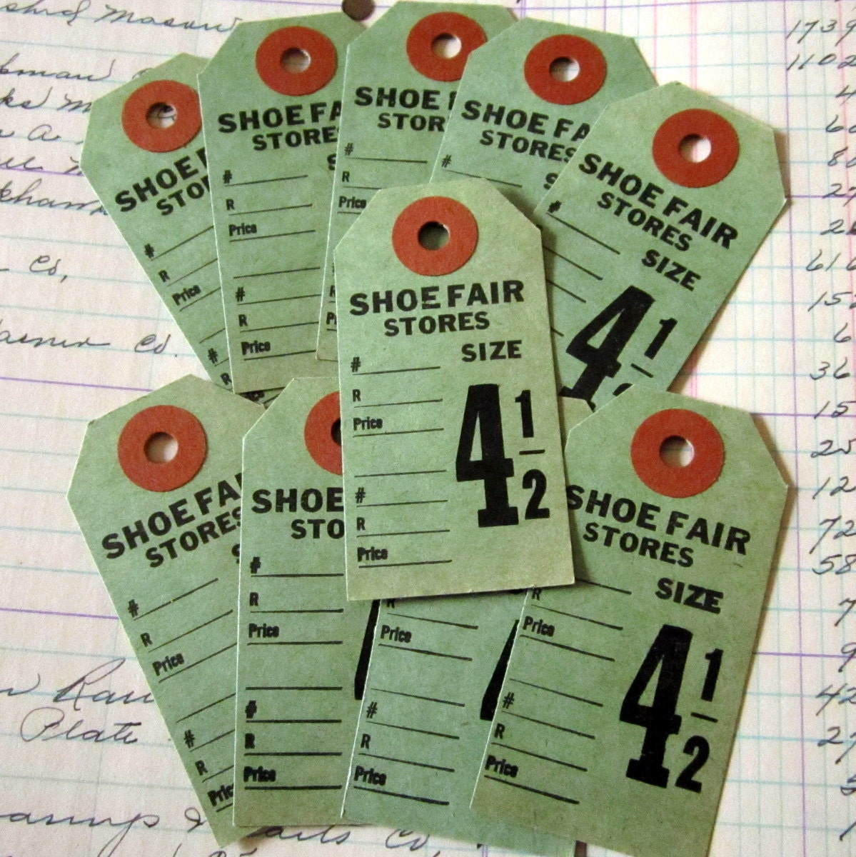 Lot of 10 Vintage Green Shoe Shop Tags