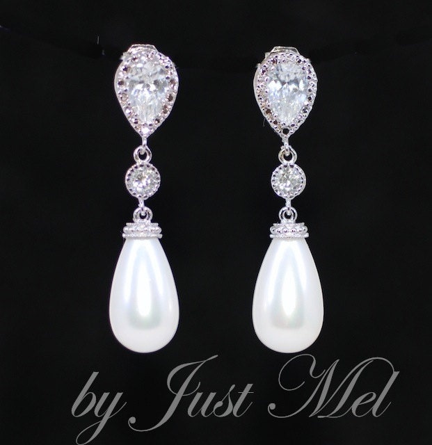 Wedding Earrings, Bridesmaid Earrings, Bridal Jewelry - Cubic Zirconia (cz) Teardrop Earring with Round CZ and White Briolette Pearl (E459)