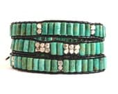 Turquoise and Silver Bracelet on Black Leather / Three Wrap Bracelet