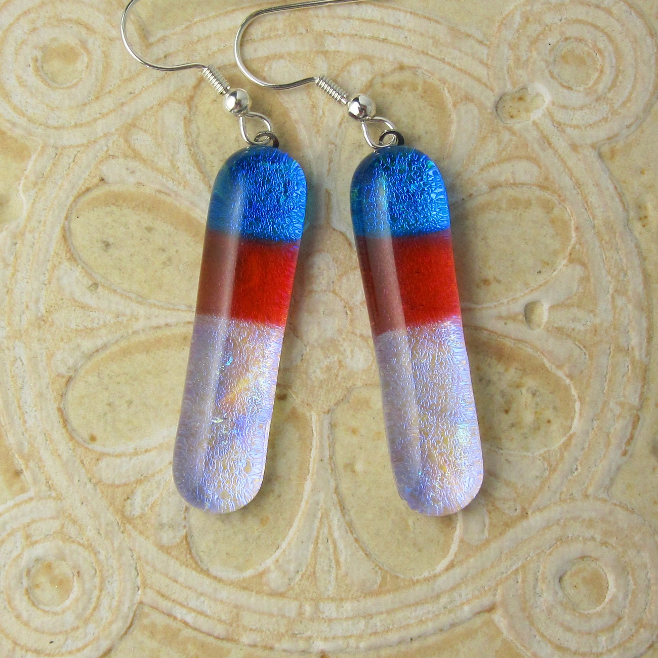 Dichroic Earrings, Icy Rainbow, Coral & Blue  - DGE 311