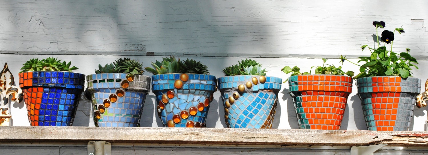 Mosaic set of six tile flower pots like a window box
