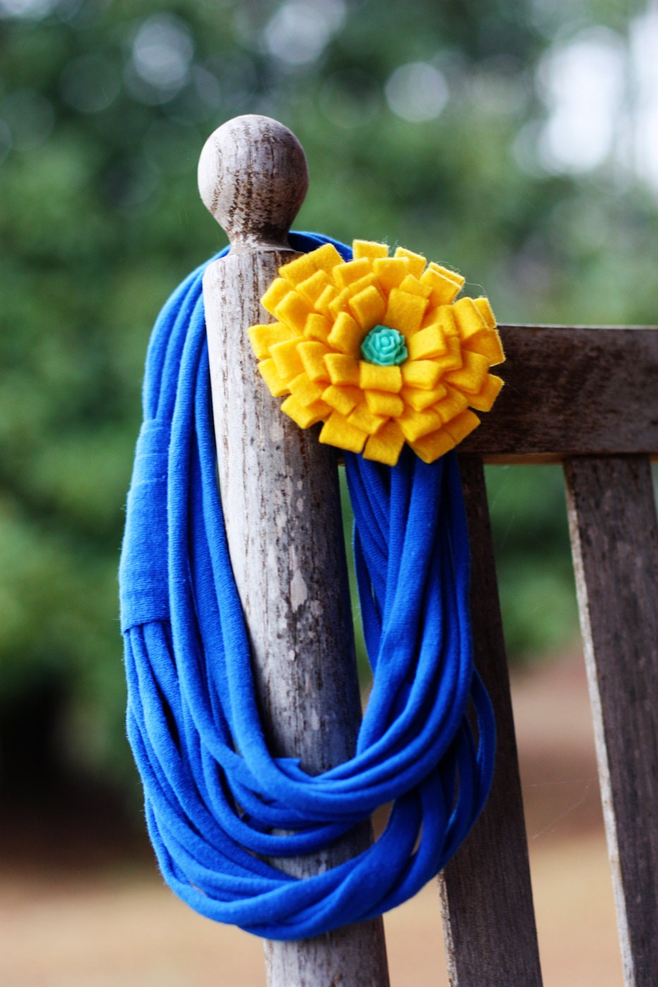 Infinity Scarf Necklace with Felt Rosette Brooch - Bright Blue with Yellow Rosette Mint Green center