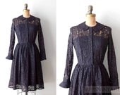vintage 1950s dress - 50s black lace cocktail dress / peter pan collar