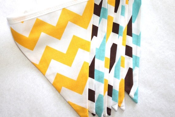 Fabric Bunting - Blue, Yellow, Brown Chevron Il_570xn