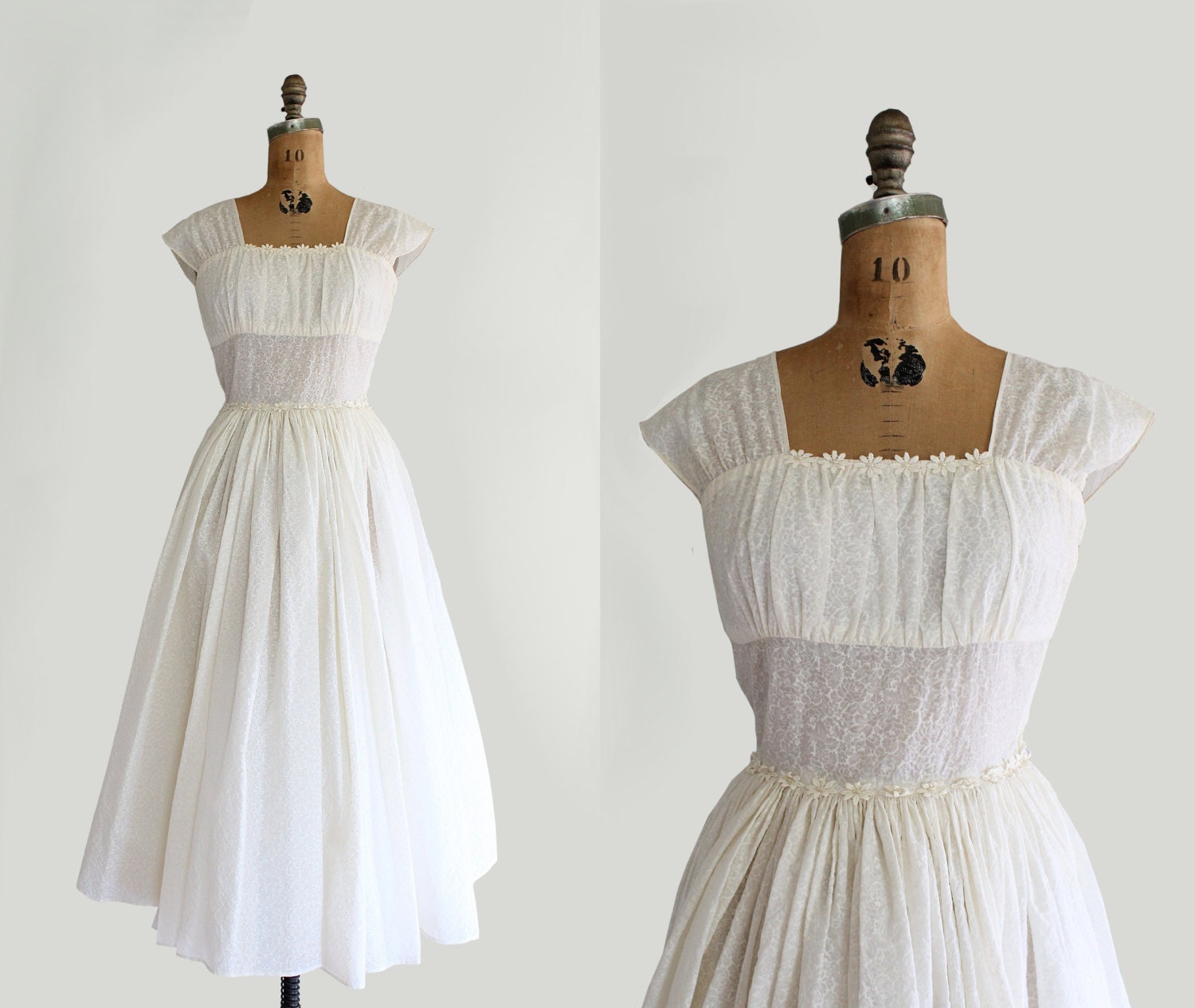 50s wedding dress - vintage 1950s bridal gown - short cap sleeves - full tea length skirt - Small - white -