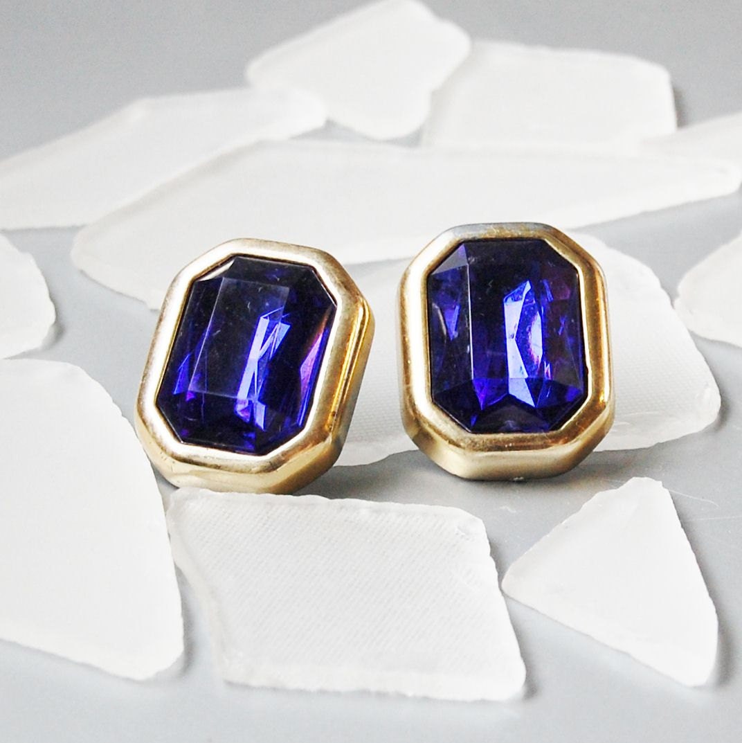 XL royal blue "sapphire" costume earrings in gold and acrylic vintage