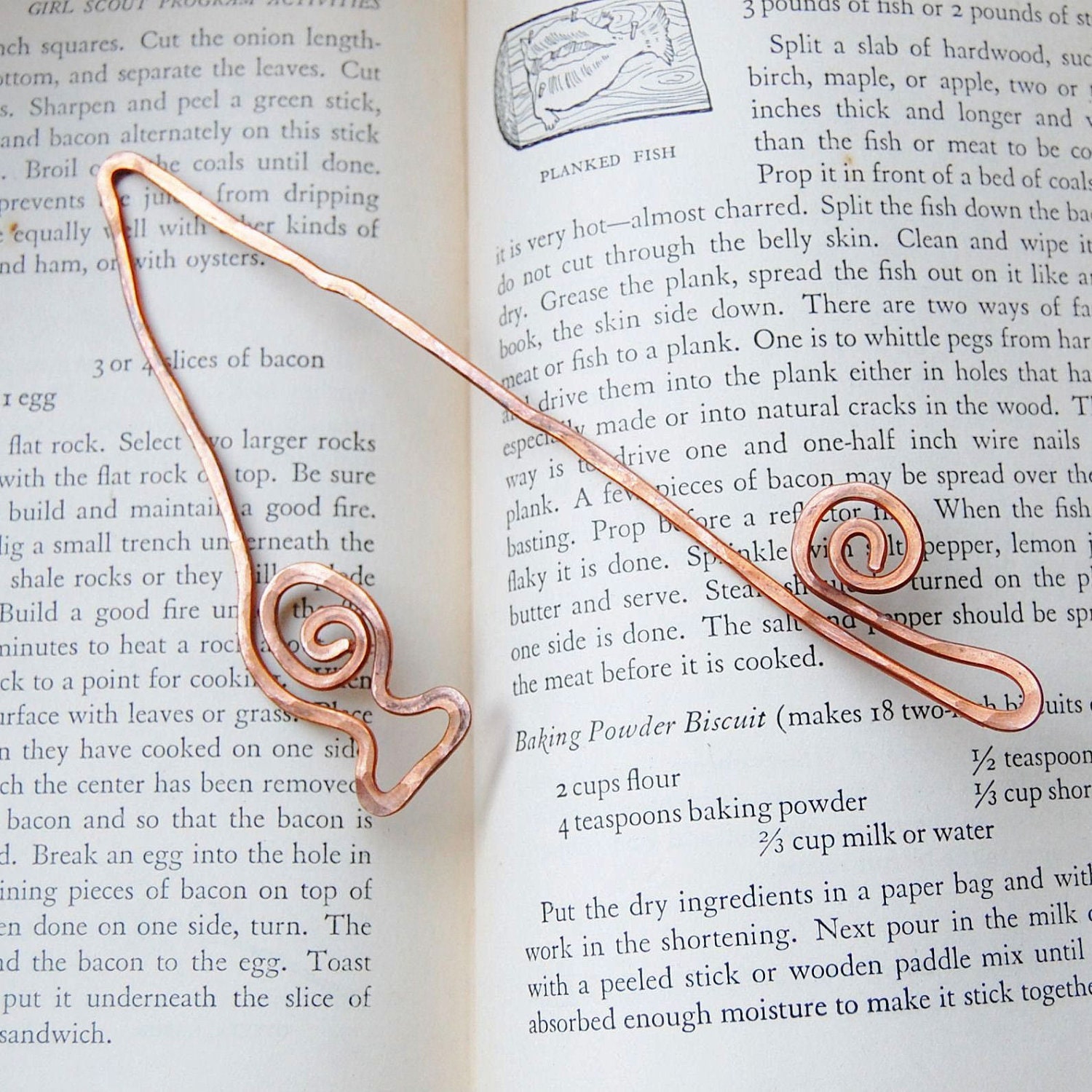 Fishing pole and fish copper bookmark hammered sport fisherman