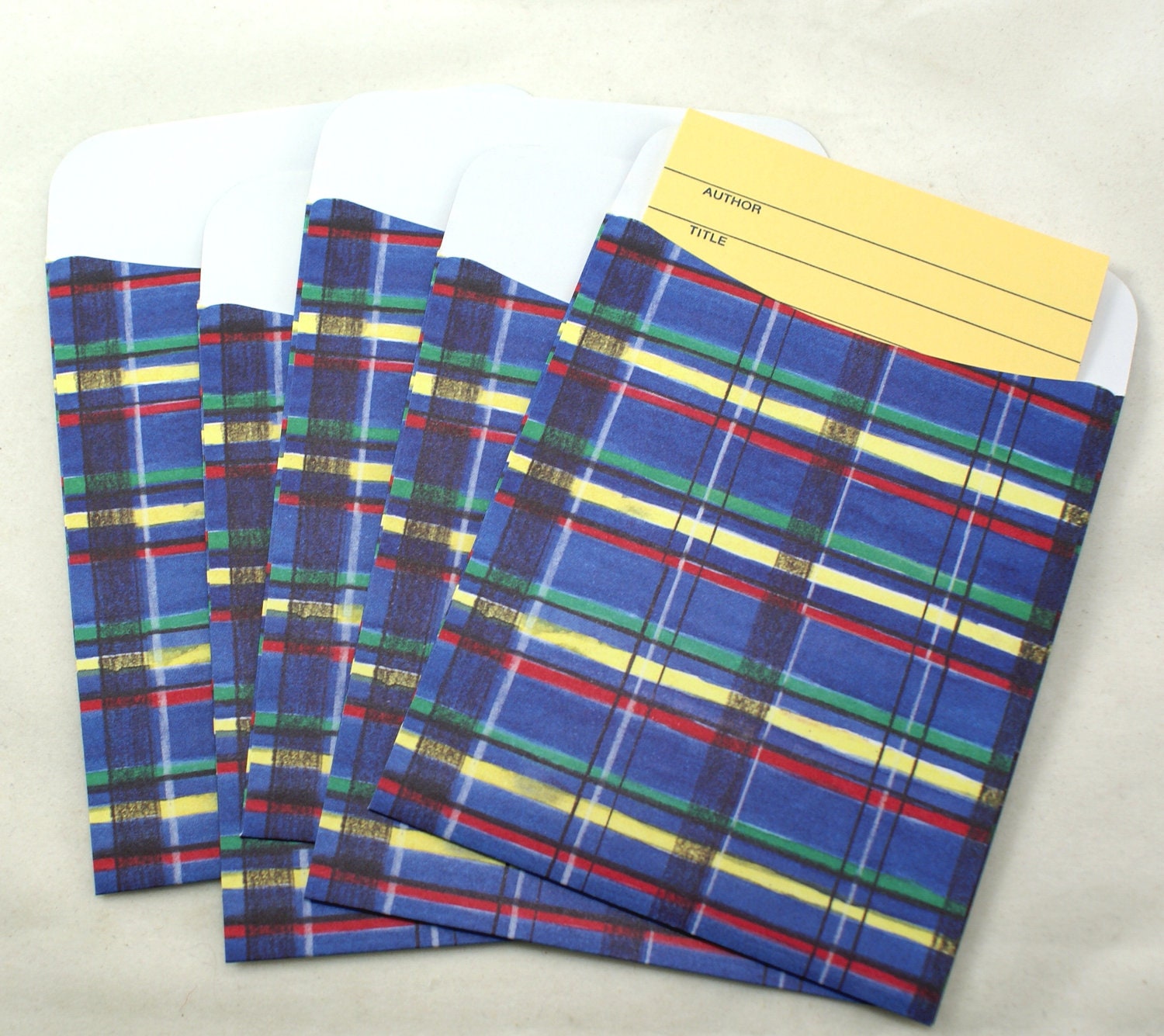 FREE SHIPPING - Set of 10 Traditional Plaid Pocket Library card, Index card or Gift Tag pockets - for gift wrapping, books, scrapbooking