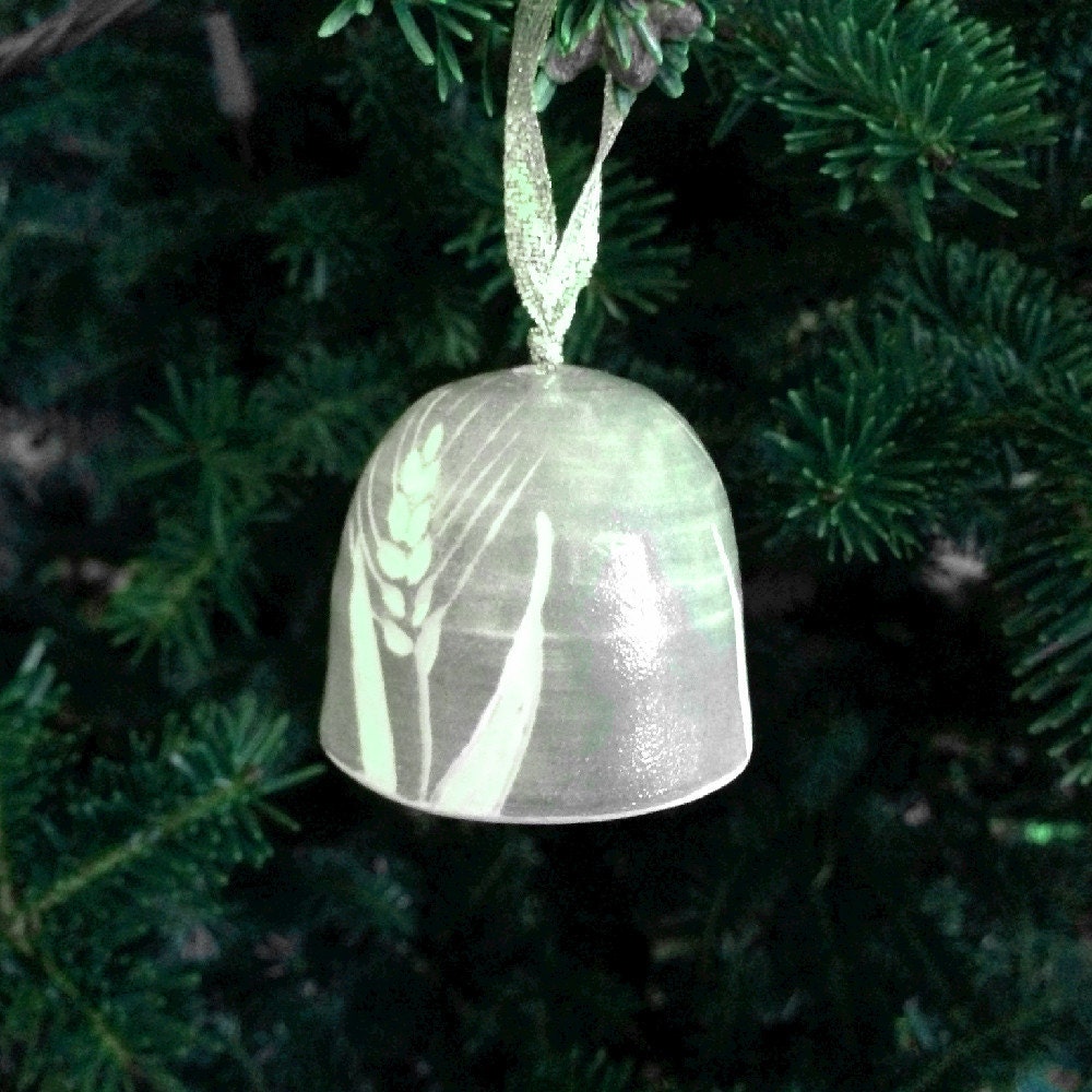 Pottery Bell Ornament Spring Green Wheat Handmade by Daisy Friesen