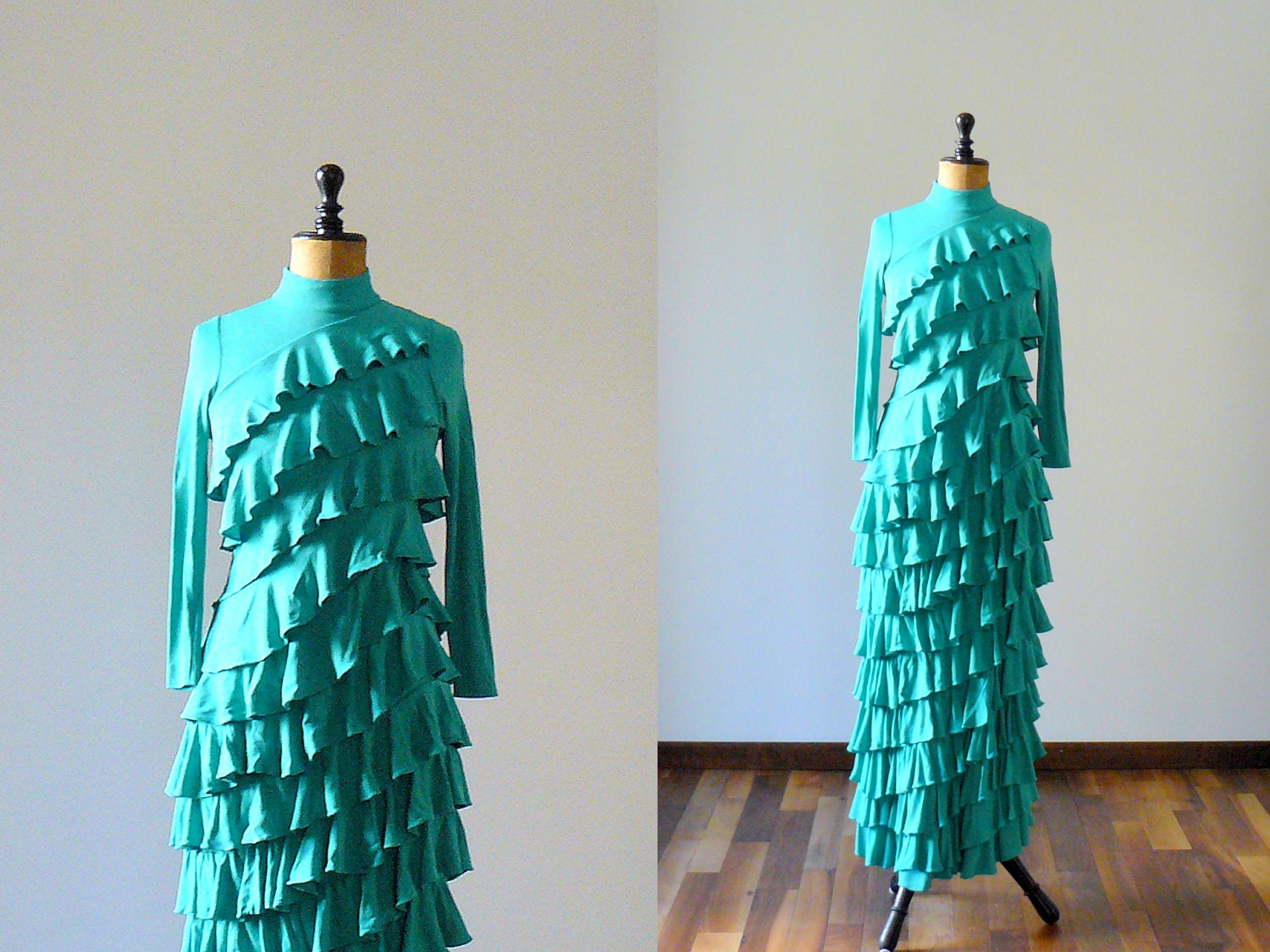 Vintage 1970s jade green ruffled maxi dress. mermaid long gown