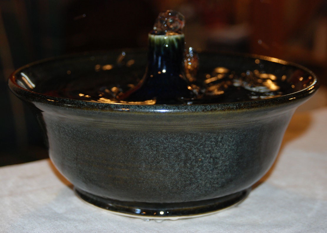 Cat Drinking Fountain, Ceramic, Handmade, Foodsafe -  "Jet" - 10 Inch Diameter