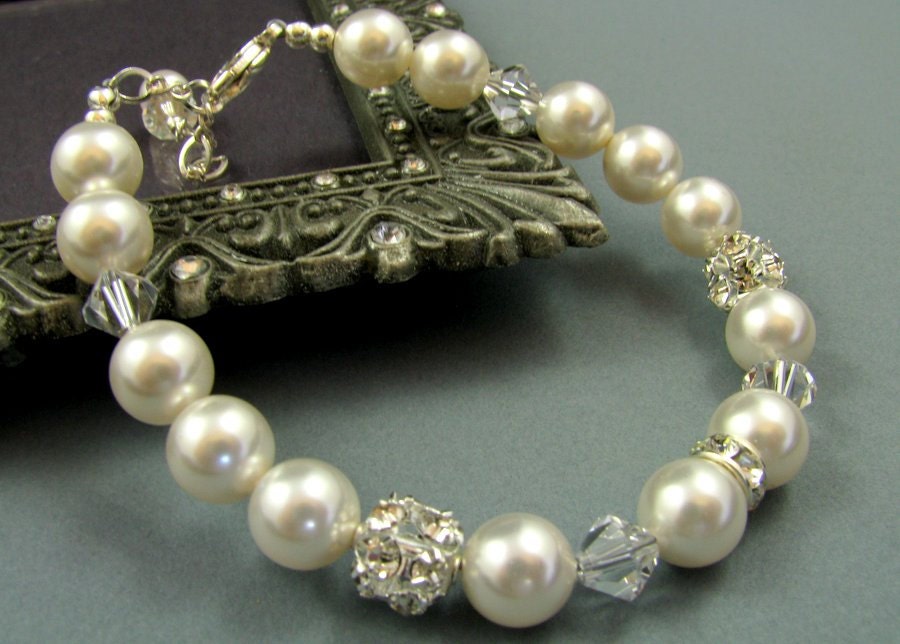 Classic  Swarovski Pearl, Crystal Fireball, HANDMADE  Bridal, Wedding Bracelet
