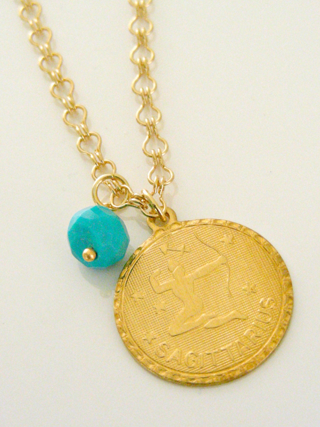 Sagittarius Necklace - Vintage Gold Brass Pendant with Turquoise Birthstone - Birthday or Bridal