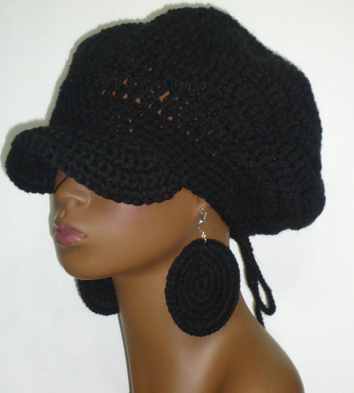 Black Rasta Style Brimmed Cap Hat with Earrings and Drawstring