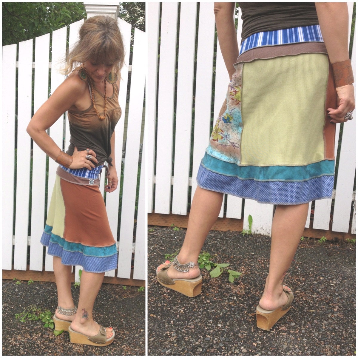 Patchwork Skirt,  size S/M, eco clothing, bright skirt, jersey skirt, eco skirt, short boho, blue mix  Zasra