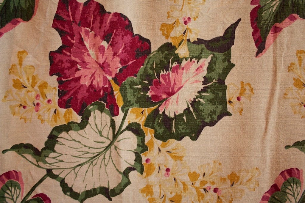 Vintage 1940s 1950s FLORAL Long BARKCLOTH Curtain Panel