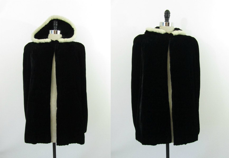 Vintage 1930s 1940s Coat Black Silk Velvet Cape with Ermine Hood S M L
