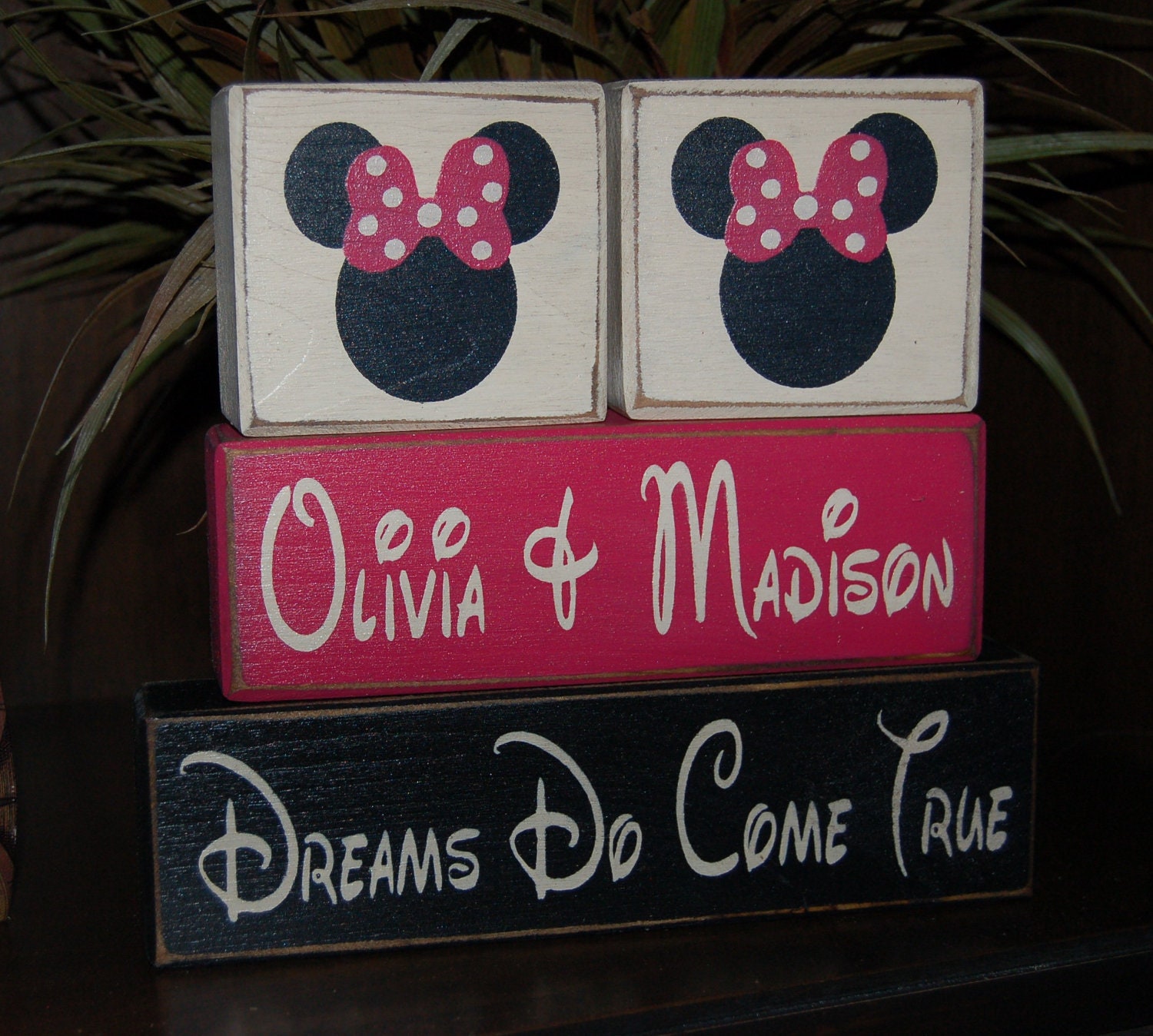 MICKEY and MINNIE Mouse Disney PERSONALIZED Kids Names Happy Birthday Twins Dreams Do Come True Wood Sign Blocks Primitive Country