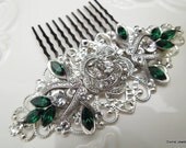 Bridal Rhinestone Hair Comb, Wedding Rhinestone Hair Comb, Rose Rhinestone Hair Comb, Swarovski Crystals, Emerald Green, ROSELANI