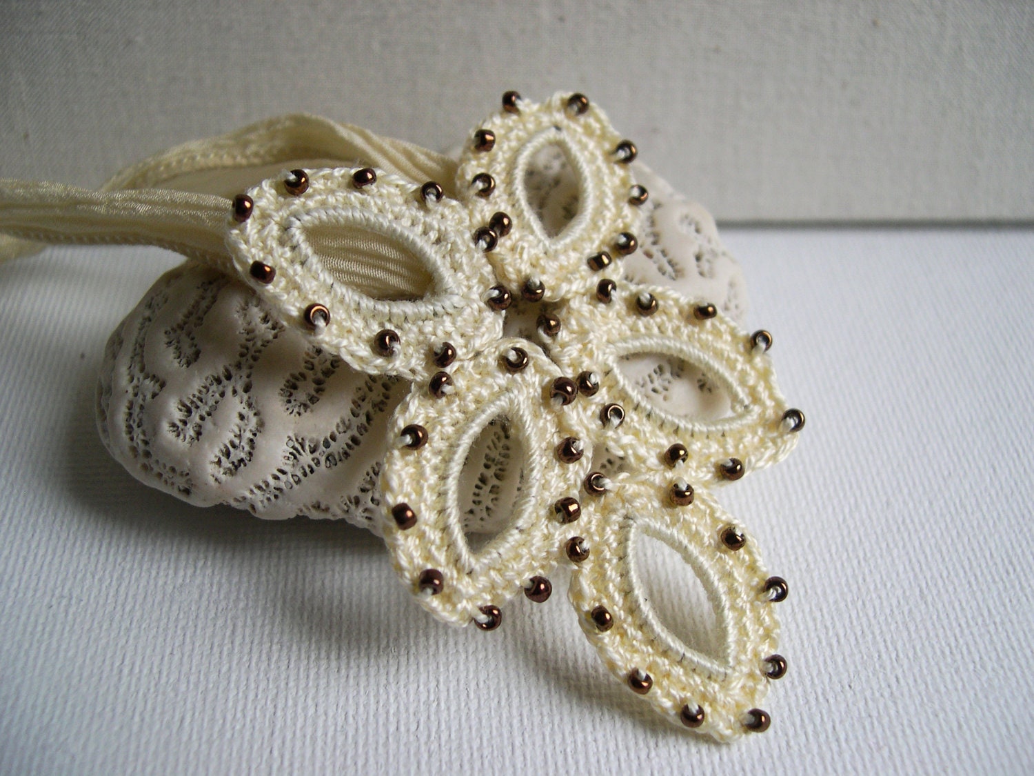 Ivory Fashion Crochet Pendant - Ivory Wedding Necklace - Unique Lace Necklace - Fantasy Original Fiber Necklace - Mother's day present