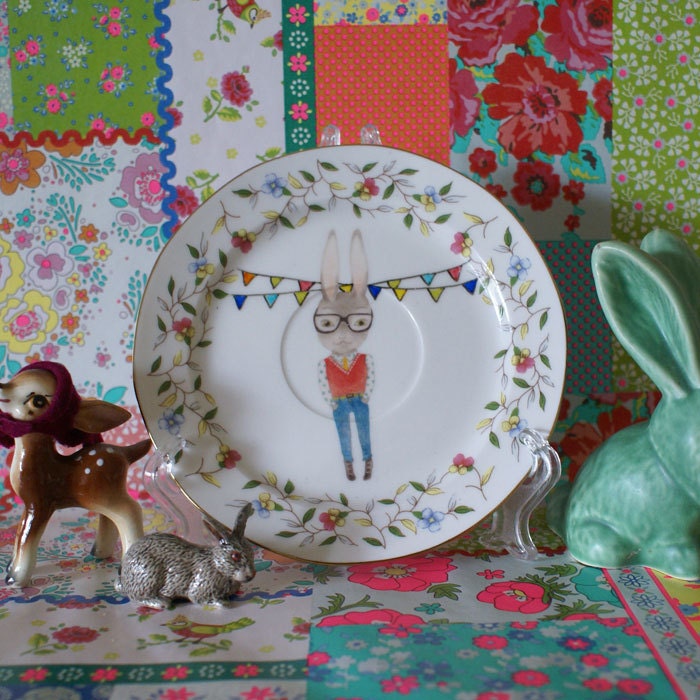 Nerdy Bunny Boy with Bunting Vintage Illustrated Plate