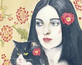Original watercolour - Cat and Woman Watercolour Painting, Tuxedo Cat, Red Flowers, 11x14