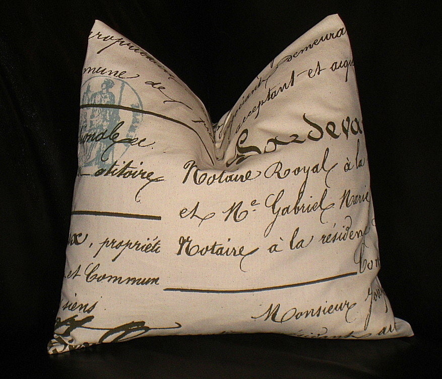 French Script Decorative Pillow 18x18 Throw Pillow Cover 18" Spa BLUE, brown on Natural ONE