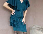 Vintage 80's Does 20's Teal Ruffle Dress FLAPPER