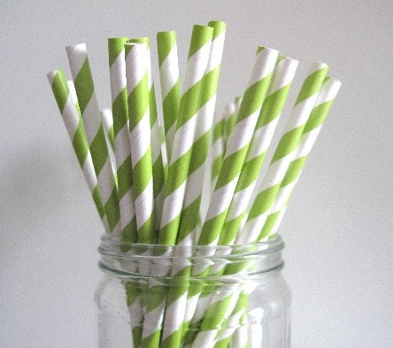50 Light Green Striped Paper Straws w/ Printable DIY Flags / Wedding Birthday Baby Shower Party / Cake Pop