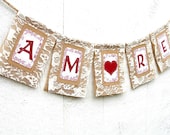 AMORE Photo Prop Burlap & Lace Banner with Heart, Rustic Chic Style